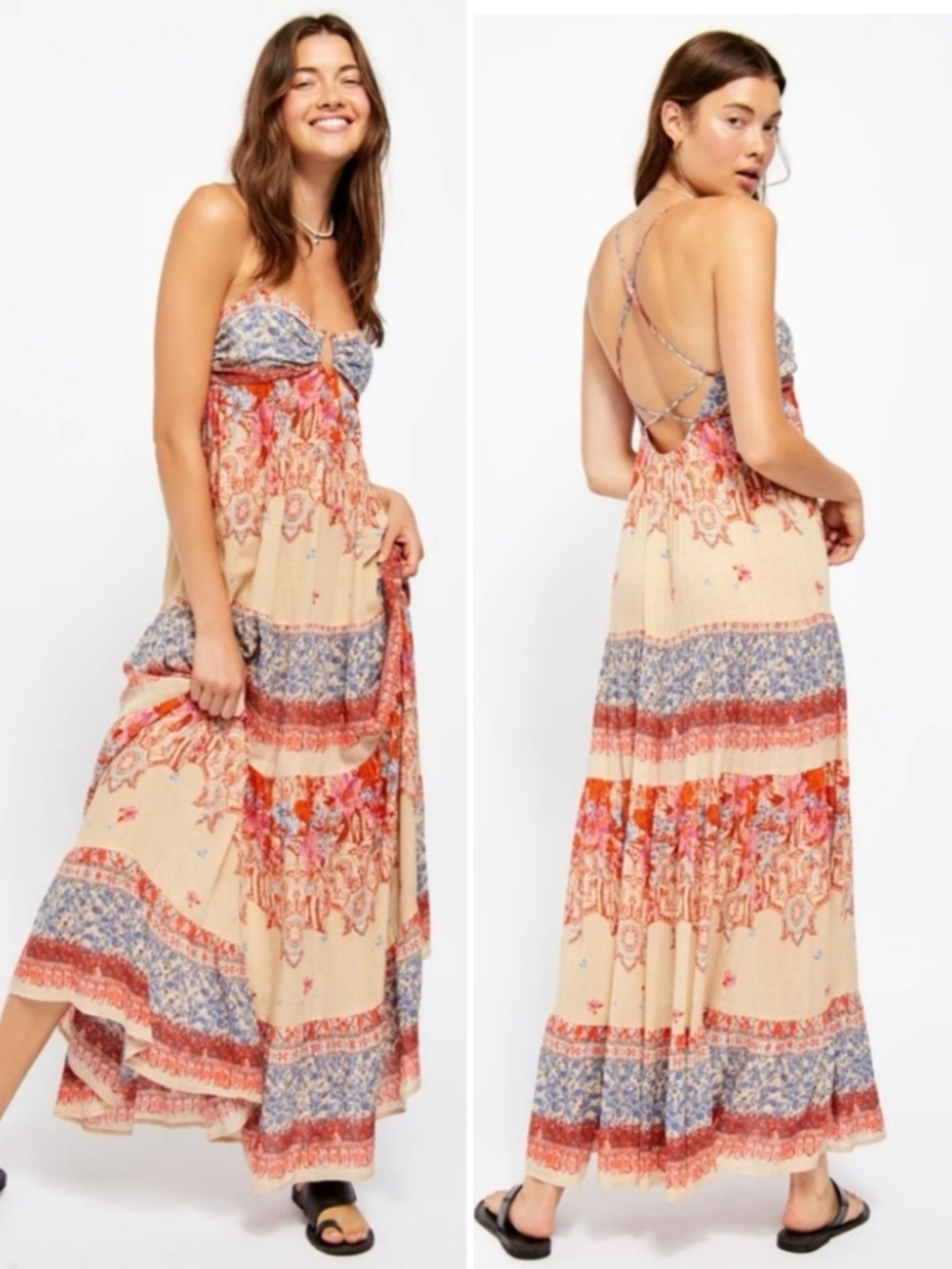 Free People Intimately “Give A Little” bohemian maxi slip dress in Cream combo-S - Picture 3 of 14